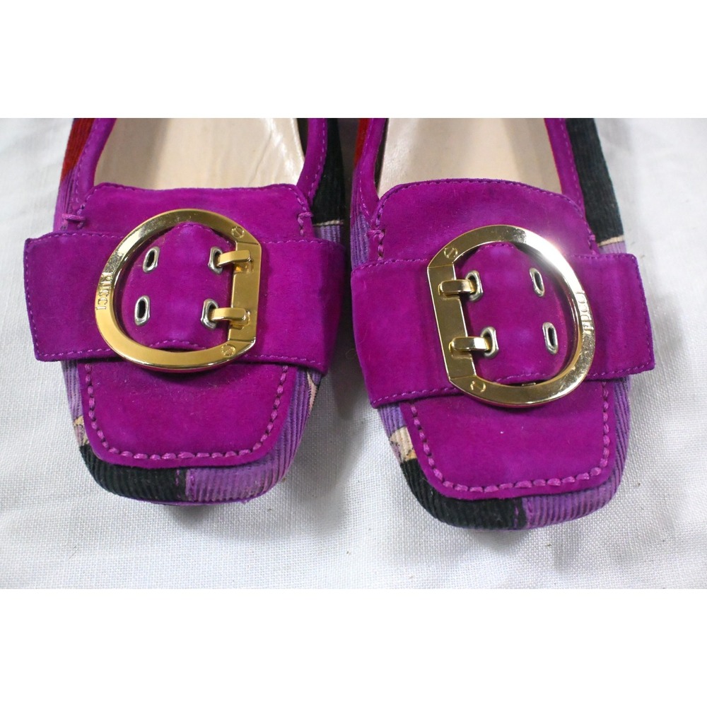 Emilio Pucci Purple Magenta Suede Geometric Print Driving Loafers Buckle Flats S - Picture 2 of 12
